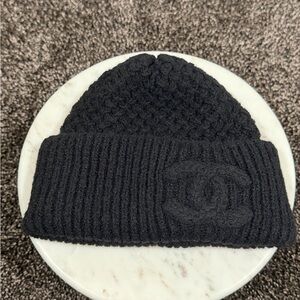 Chanel Cashmere Triple Black Big CC Logo Knit Beanie Hat